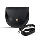 Black leather handbag with a strap 