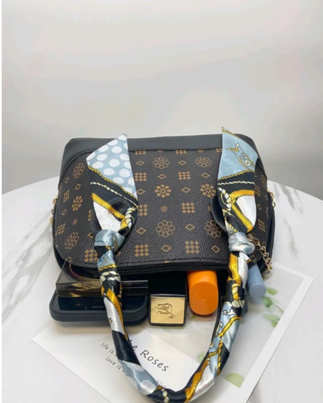 Geometric Print Designer handbag with floral pattern and sunflower decoration