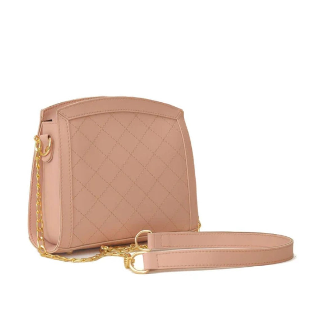Sonic Pink Soft Beige handbag with a gold chain strap